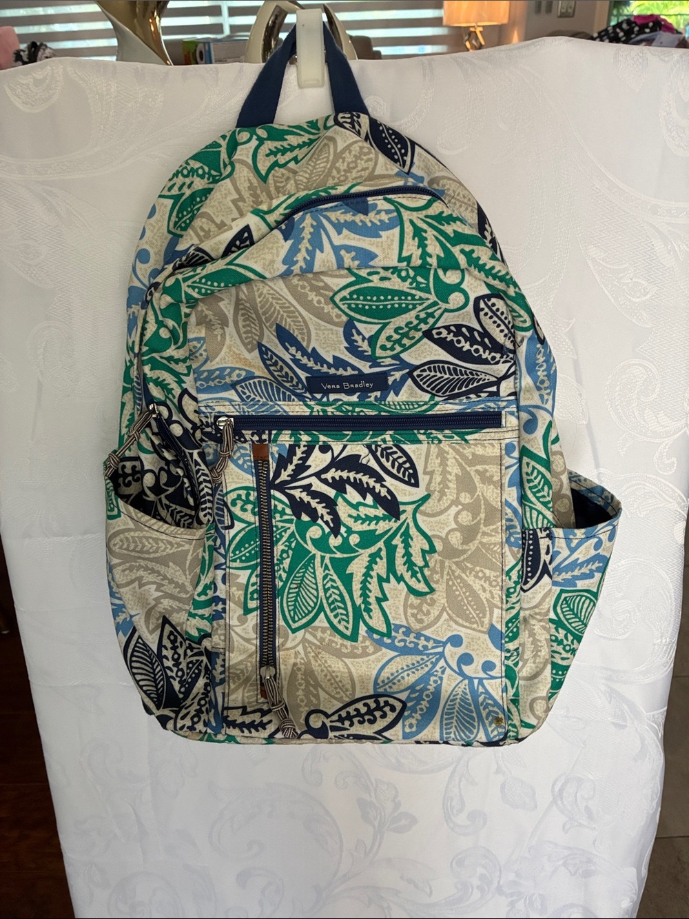 Vera Bradley Green Blue Navy Leaf Print Backpack